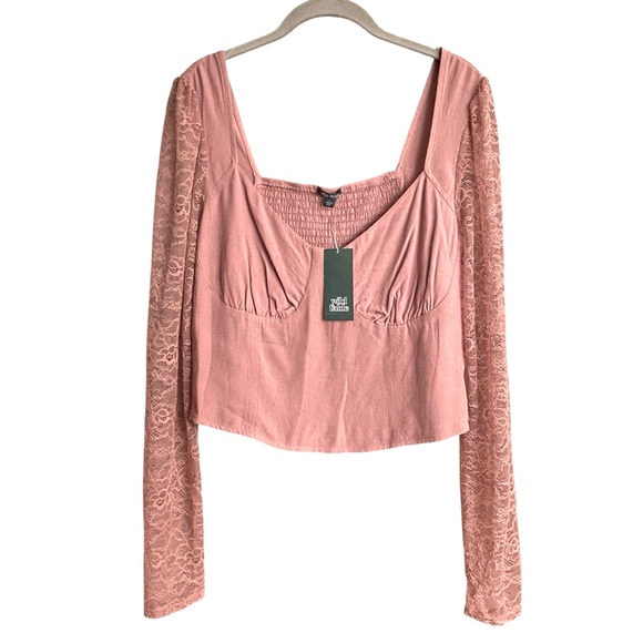 5/$25 NWT Wild Fable Cropped Boho Lace Sleeve Shirt Square Neck Large Pink - Picture 2 of 5